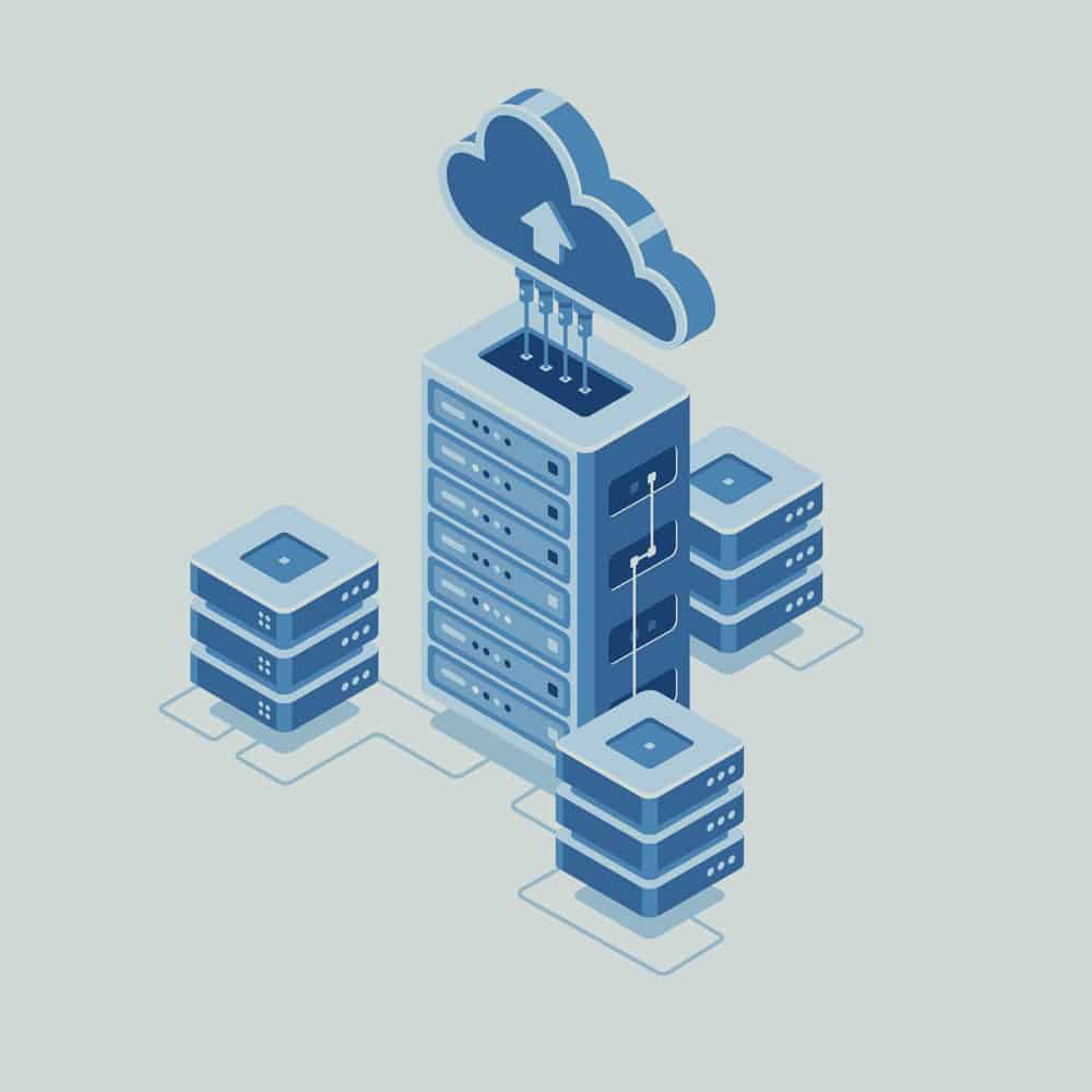 รับออกแบบเว็บไซต์ ภาพแสดง Cloud Server ประสิทธิภาพสูง พร้อมลูกศรชี้ขึ้นสู่ Cloud