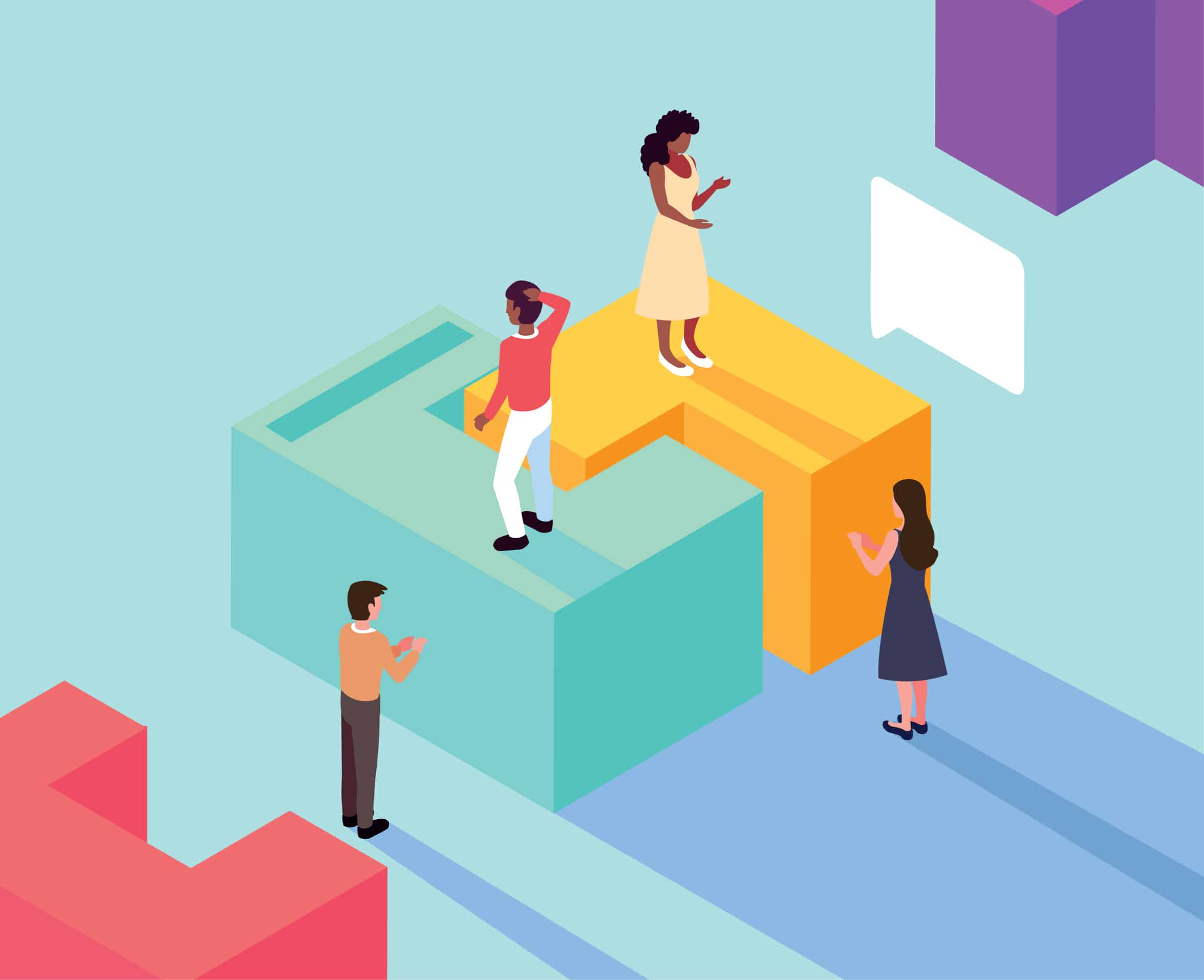 รับออกแบบเว็บไซต์ ผู้คนยืนบนรูปทรงเรขาคณิตสีสันสดใส